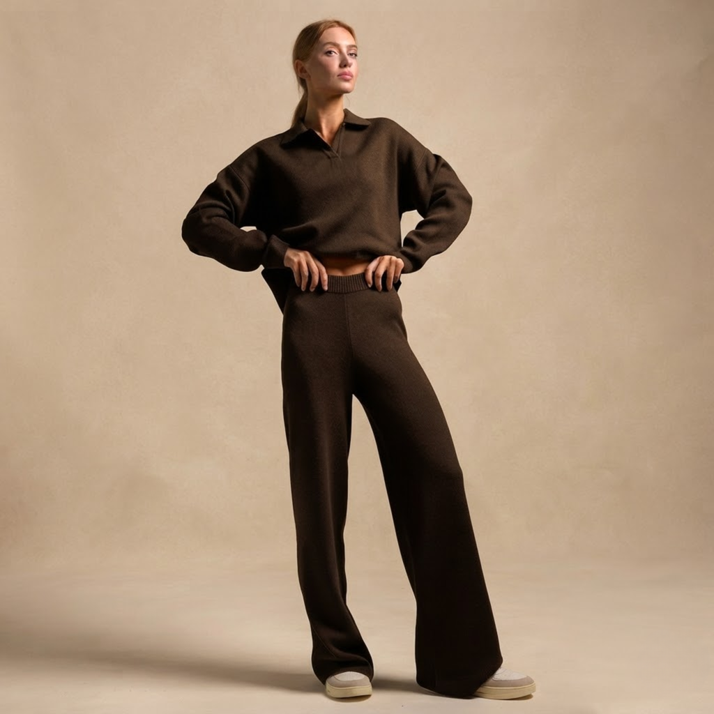 Front view of the Perpetua Two-Piece Set Knit Collared in Brown, featuring a classic collared top and matching knit bottoms. Designed by Bella Hudson.