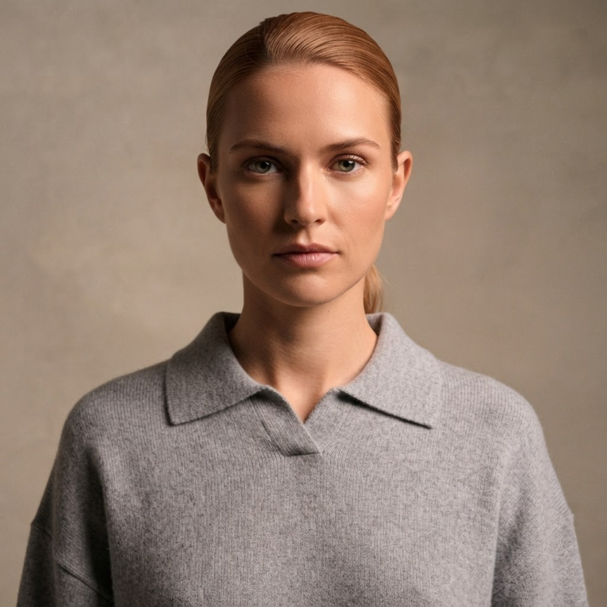 Close-up front view of the Perpetua Two-Piece Set Knit Collared in Grey, showcasing the collared neckline and knit texture. Designed by Bella Hudson.