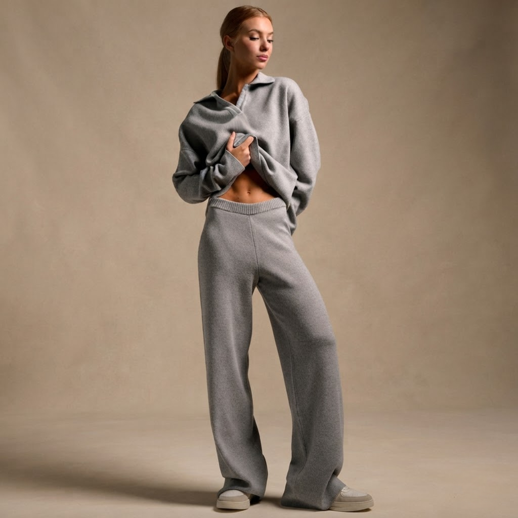 Front view of the Perpetua Two-Piece Set Knit Collared in Grey, featuring a classic collared top and matching knit bottoms. Designed by Bella Hudson.