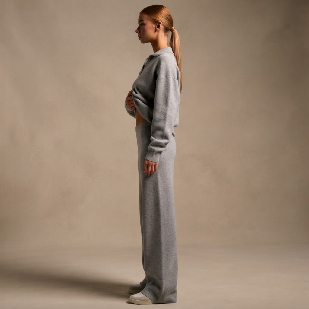 Side view of the Perpetua Two-Piece Set Knit Collared in Grey, showcasing its relaxed fit and matching wide-leg bottoms. Designed by Bella Hudson.