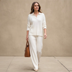 Front view of the Perpetua Two-Piece Set Knit Collared in White, featuring a classic collared top and matching knit bottoms. Designed by Bella Hudson.