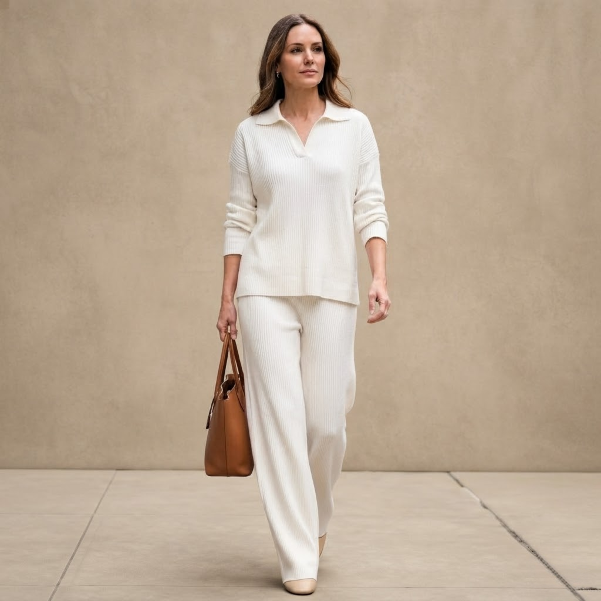 Front view of the Perpetua Two-Piece Set Knit Collared in White, featuring a classic collared top and matching knit bottoms. Designed by Bella Hudson.