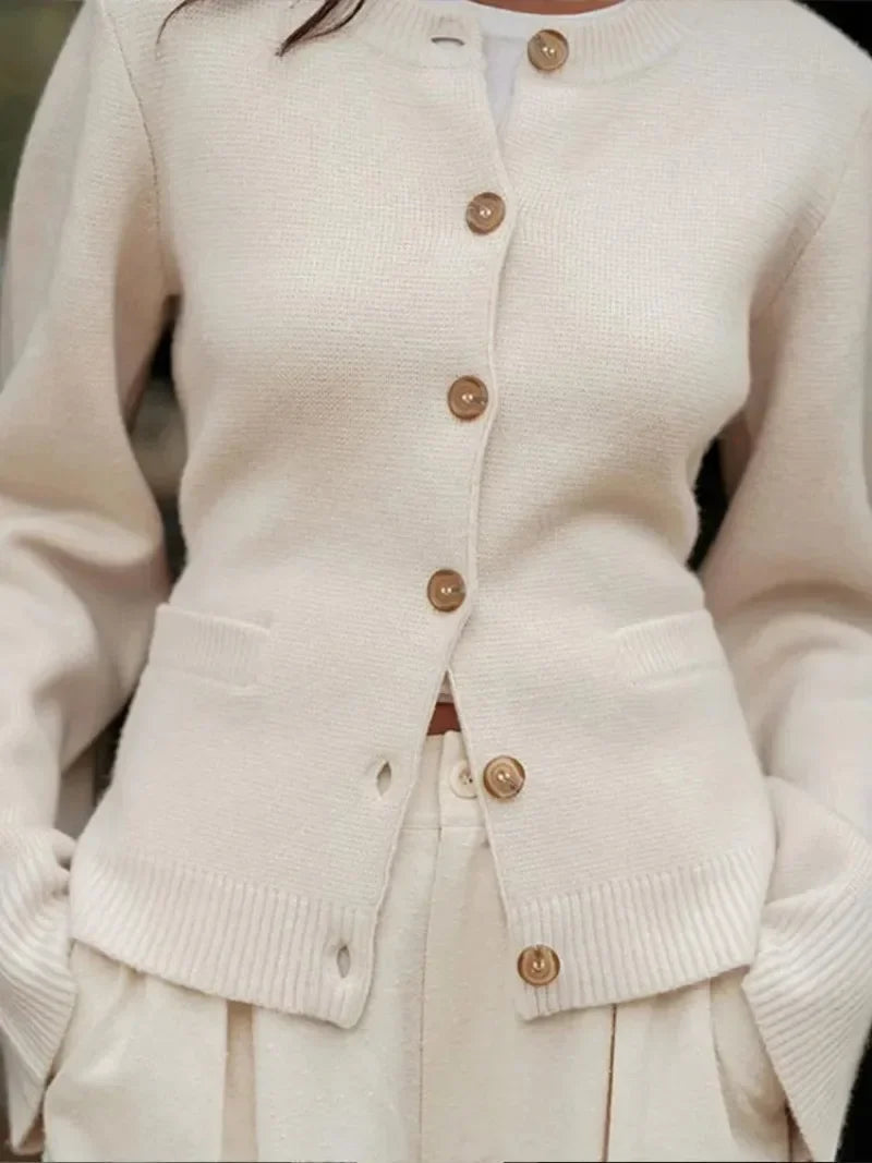 Philippa Button Placket Crew Neck Sweater, styled view
