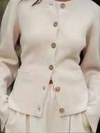 Philippa Button Placket Crew Neck Sweater, styled view