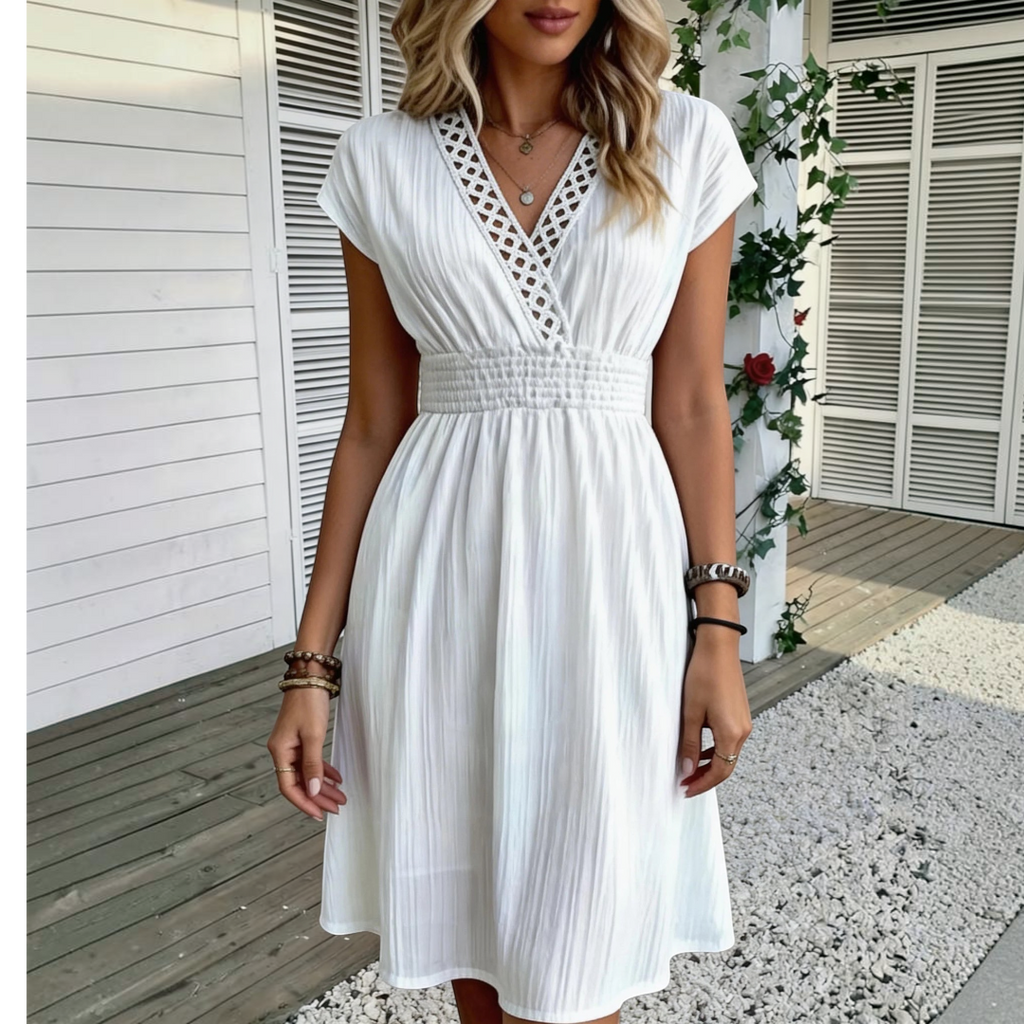 Front view of the Philippa Fit-and-Flare Dress Lace-Trim Puff-Sleeve Striped in black, featuring a lace-trimmed V-neckline, flutter sleeves, fitted waist, and a flowing fit-and-flare silhouette. Designed by Bella Hudson.
