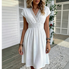 Front view of the Philippa Fit-and-Flare Dress Lace-Trim Puff-Sleeve Striped in black, featuring a lace-trimmed V-neckline, flutter sleeves, fitted waist, and a flowing fit-and-flare silhouette. Designed by Bella Hudson.
