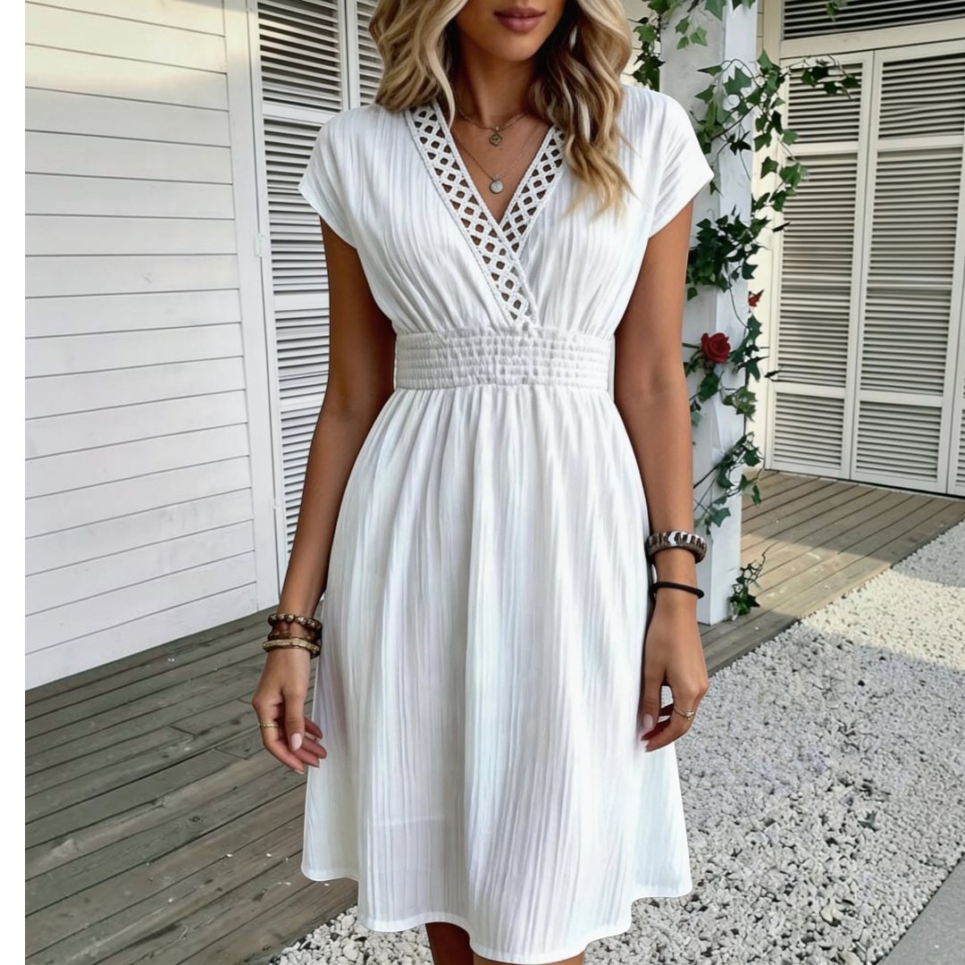 Front view of the Philippa Fit-and-Flare Dress Lace-Trim Puff-Sleeve Striped in black, featuring a lace-trimmed V-neckline, flutter sleeves, fitted waist, and a flowing fit-and-flare silhouette. Designed by Bella Hudson.