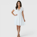 Front view of the Philippa Fit-and-Flare Dress Lace-Trim Puff-Sleeve Striped in white, featuring a V-neckline with lace trim, short flutter sleeves, a fitted waist, and a flowing fit-and-flare skirt. Designed by Bella Hudson.