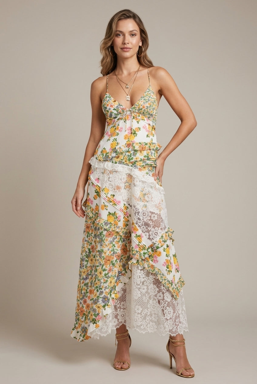 Philippa evening lace V-neck ruffle maxi dress, view 1