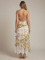 Philippa evening lace V-neck ruffle maxi dress, back view