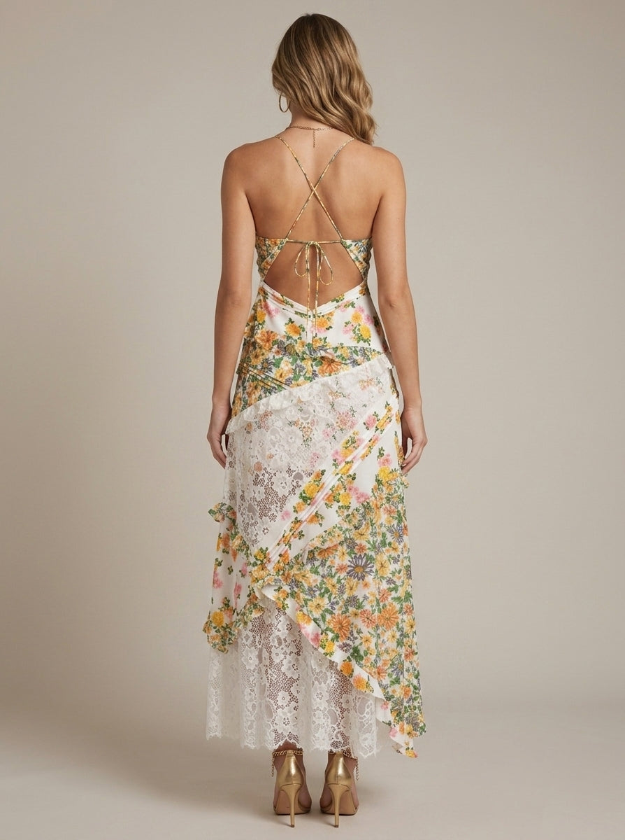Philippa evening lace V-neck ruffle maxi dress, back view