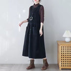 Phoebe Black corduroy pinafore midi dress with button-front detail and patch pockets