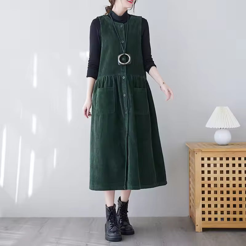 Phoebe Green corduroy pinafore midi dress with sleeveless A-line silhouette