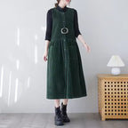 Phoebe Green corduroy pinafore midi dress with sleeveless A-line silhouette