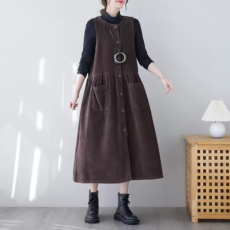 Phoebe Khaki corduroy pinafore midi dress with button-front design and patch pockets