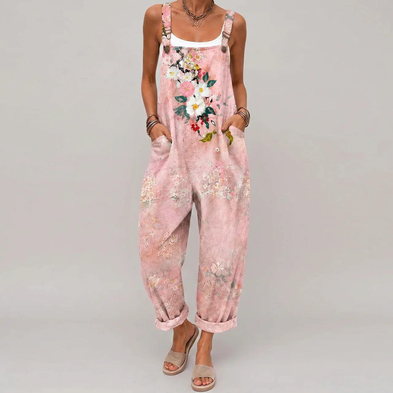 Pink floral relaxed fit jumpsuit alternate front view with rolled hem and pockets BELLA HUDSON