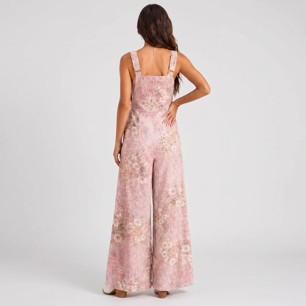 Pink floral relaxed fit jumpsuit back view with wide leg silhouette BELLA HUDSON