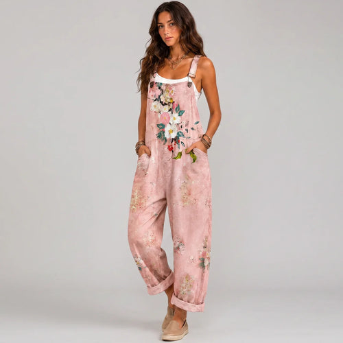 Pink floral relaxed fit jumpsuit front view with pockets BELLA HUDSON