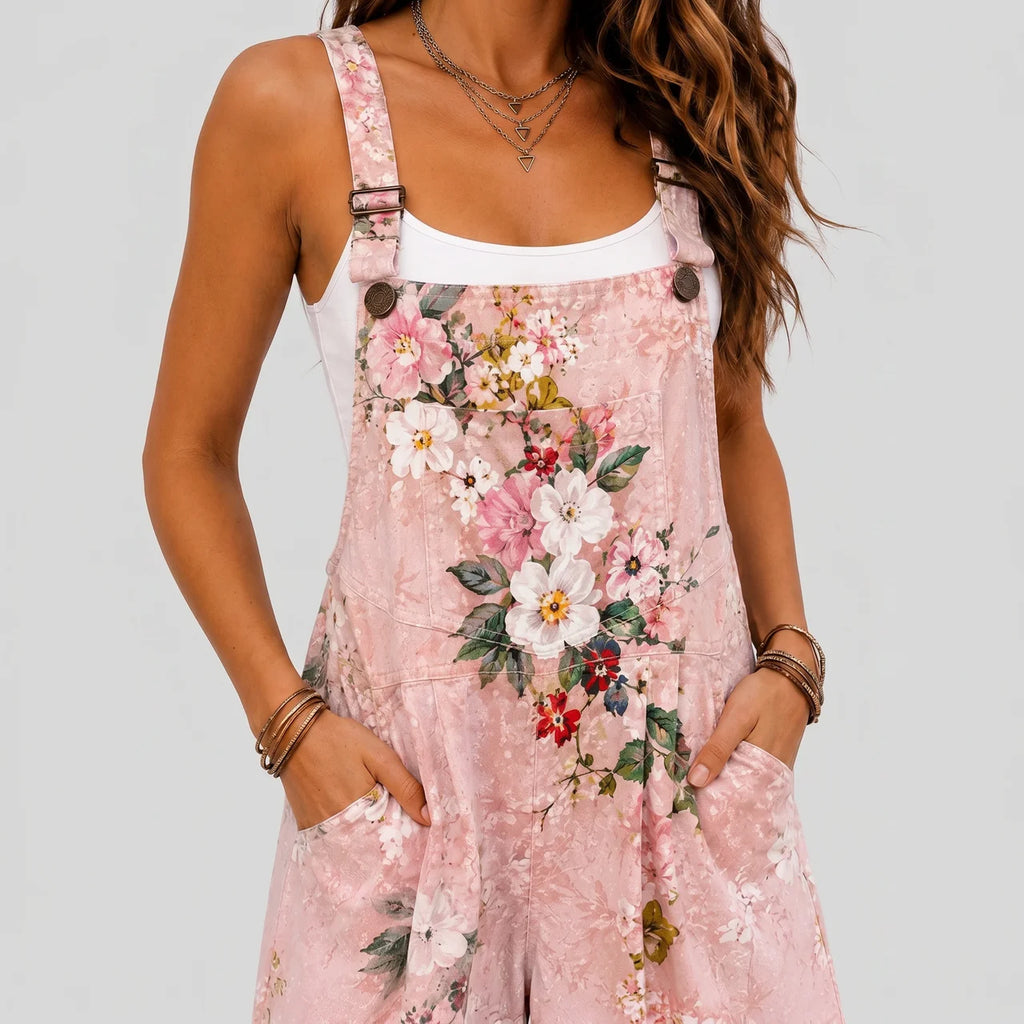 Close-up of pink floral relaxed fit jumpsuit with front pocket detail BELLA HUDSON