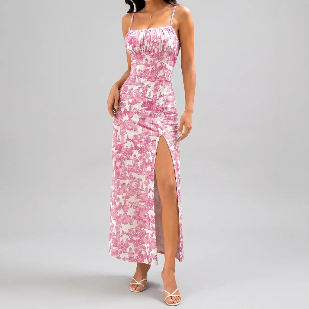 Front view of pink floral slit maxi dress with spaghetti straps and fitted silhouette by BELLA HUDSON
