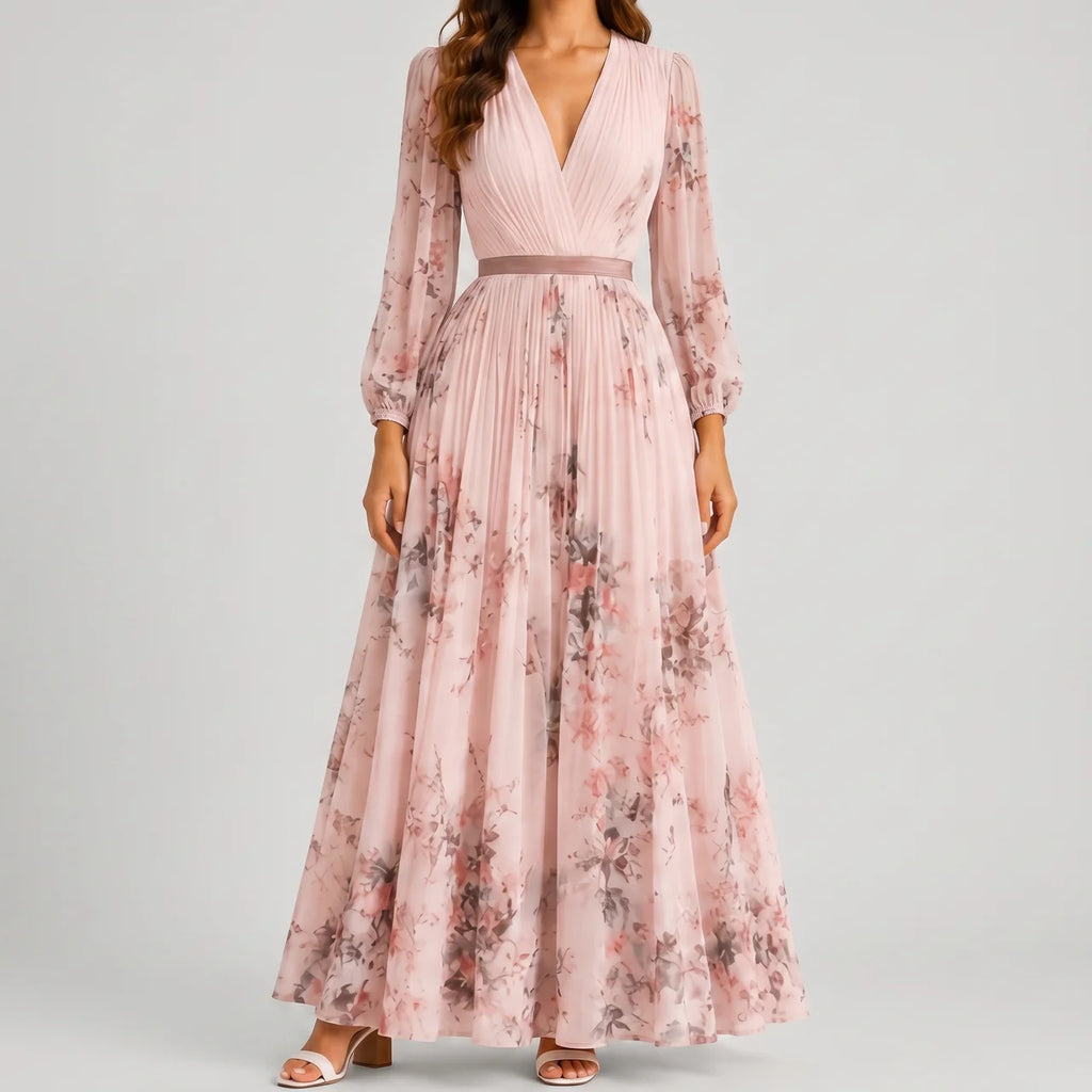 Front view of pink floral V-neck maxi dress with flowy silhouette by BELLA HUDSON