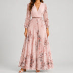 Front view of pink floral V-neck maxi dress with flowy silhouette by BELLA HUDSON