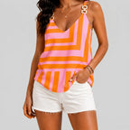 Front view of pink geometric print cami top with chain straps and sleeveless design by BELLA HUDSON