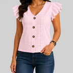 Front view of pink ruffle sleeve knit top with button-front detail and V-neckline by BELLA HUDSON