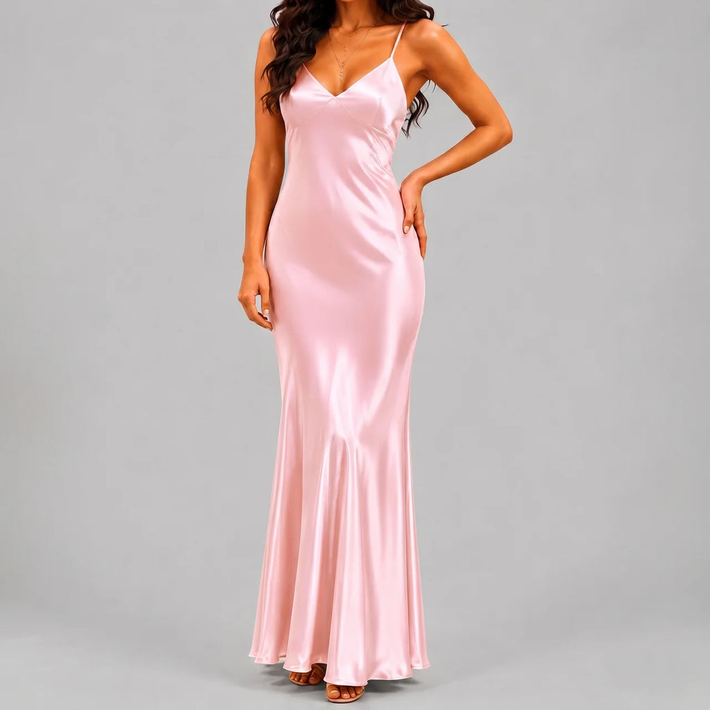 Front view of pink satin maxi dress with spaghetti straps and bodycon silhouette by BELLA HUDSON