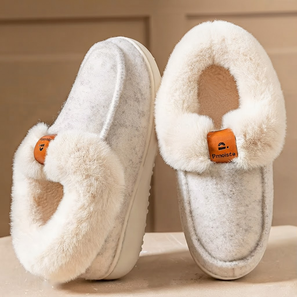 Piper Beige platform mule slippers with plush faux-fur collar, soft lining, rounded closed toe, and raised sole