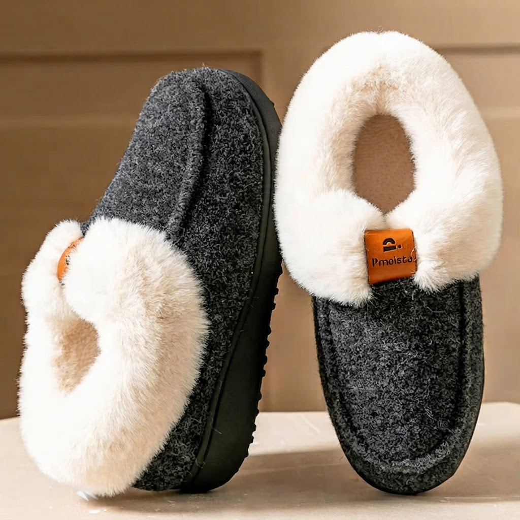 Piper Gray platform mule slippers with plush faux-fur collar, soft lining, rounded closed toe, and raised sole