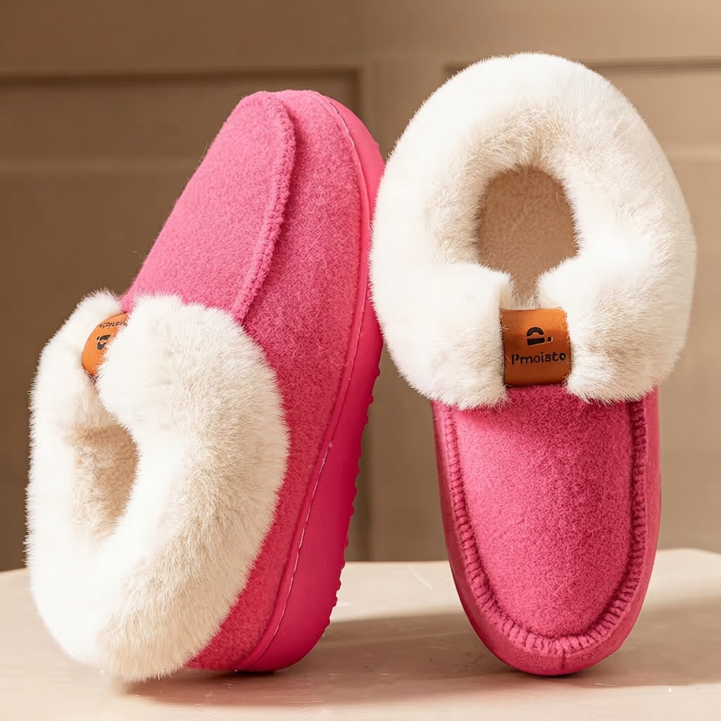 Piper Pink platform mule slippers with plush faux-fur collar, soft lining, rounded closed toe, and raised sole