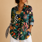 Posy Abstract Print Button Blouse - Green Front View - Designed by Bella Hudson