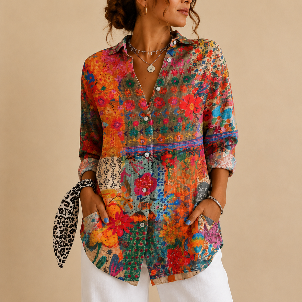 Posy Abstract Print Button Blouse - Orange Front View - Designed by Bella Hudson
