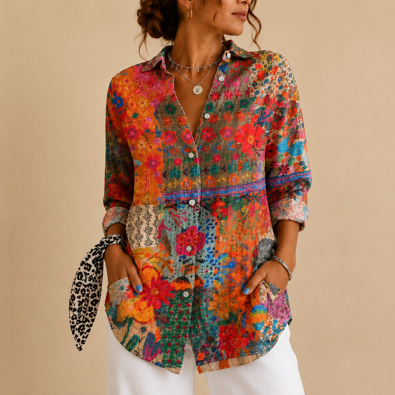 Posy Abstract Print Button Blouse - Orange Front View - Designed by Bella Hudson
