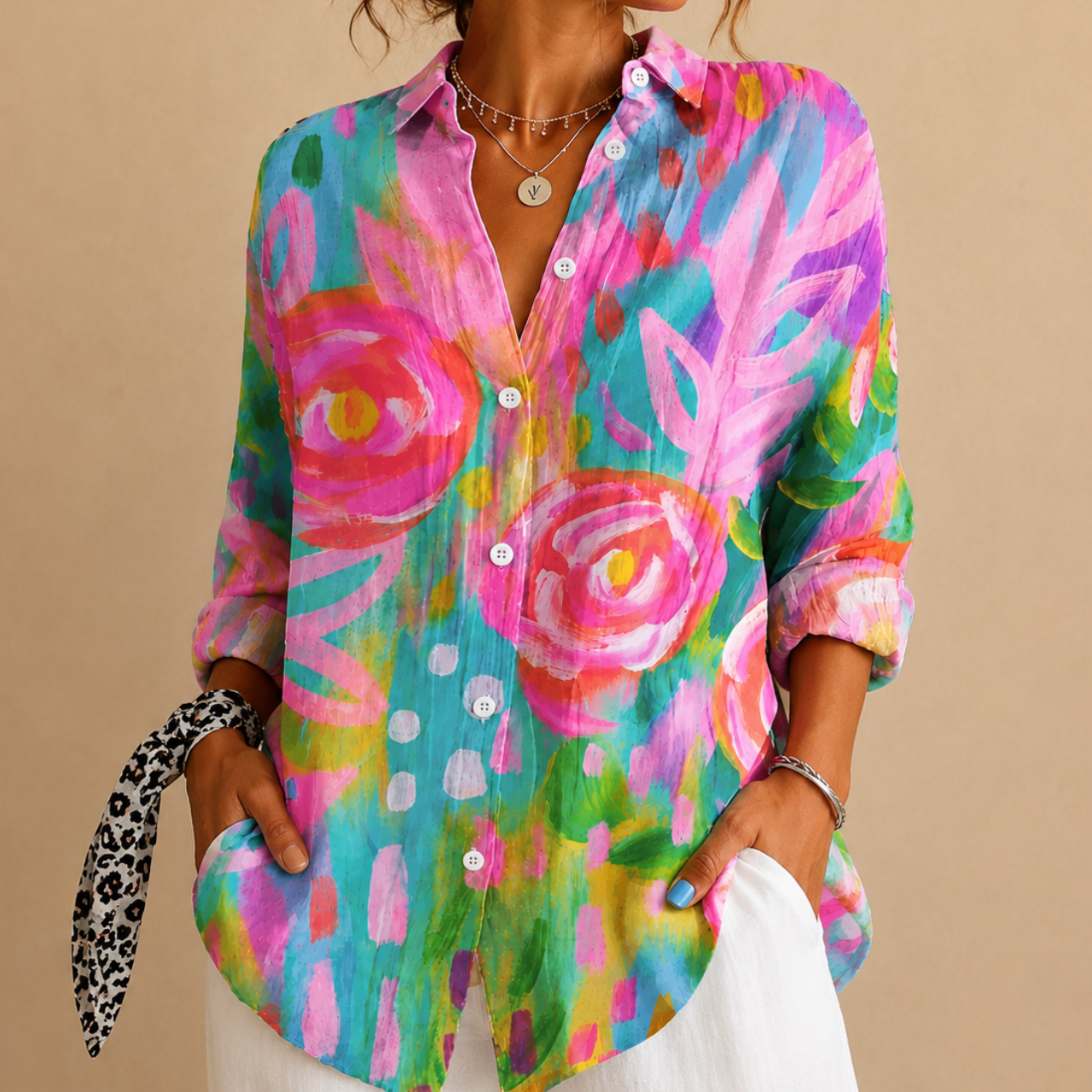 Posy Abstract Print Button Blouse - Pink Front Close-Up View - Designed by Bella Hudson
