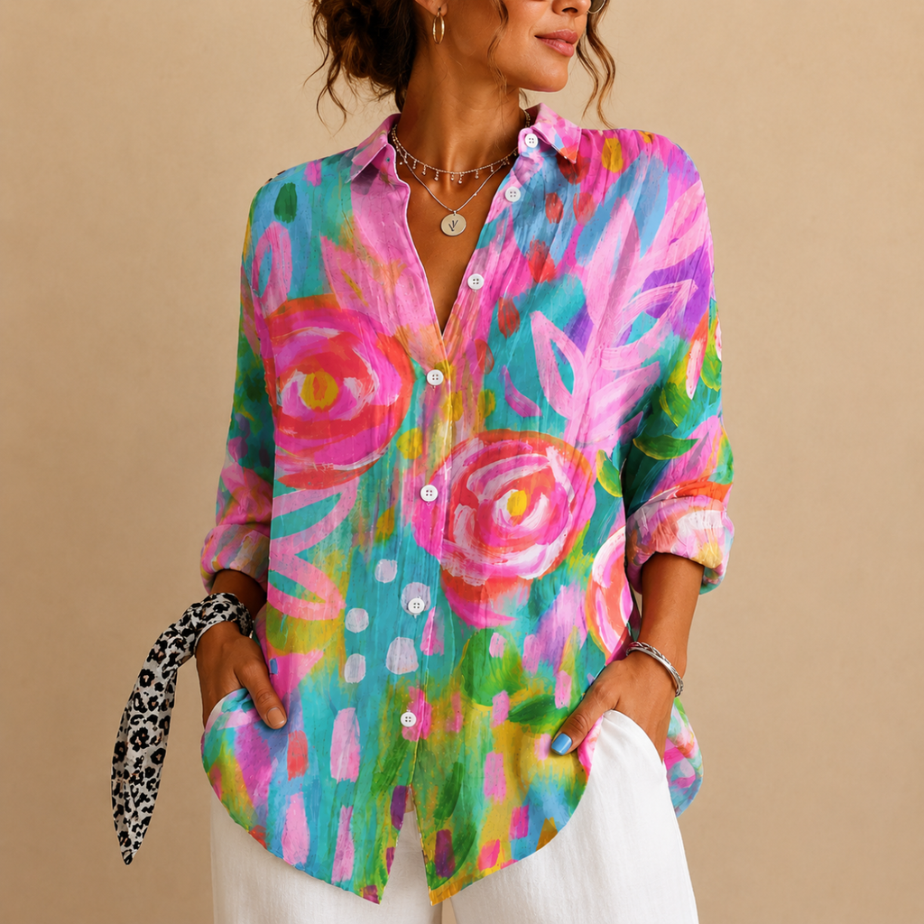 Posy Abstract Print Button Blouse - Pink Front View - Designed by Bella Hudson
