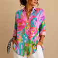 Posy Abstract Print Button Blouse - Pink Front View - Designed by Bella Hudson
