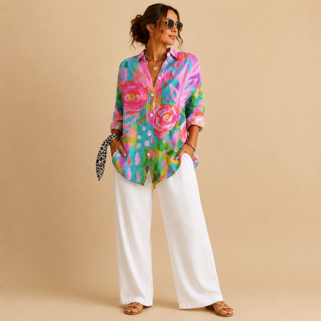 Posy Abstract Print Button Blouse - Pink Full View - Designed by Bella Hudson
