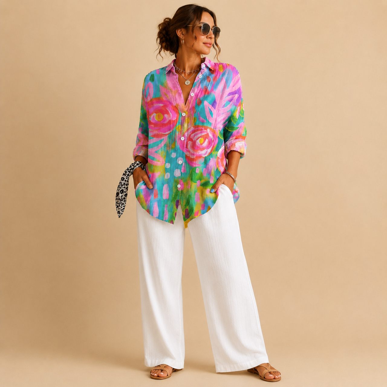 Posy Abstract Print Button Blouse - Pink Full View - Designed by Bella Hudson
