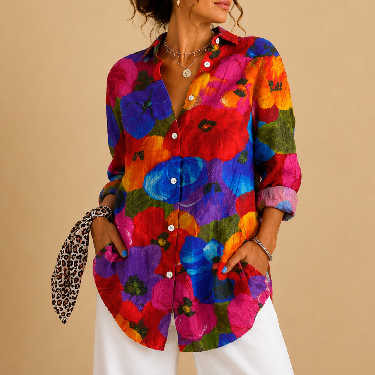Posy Abstract Print Button Blouse - Pink Multi-Color B View - Designed by Bella Hudson
