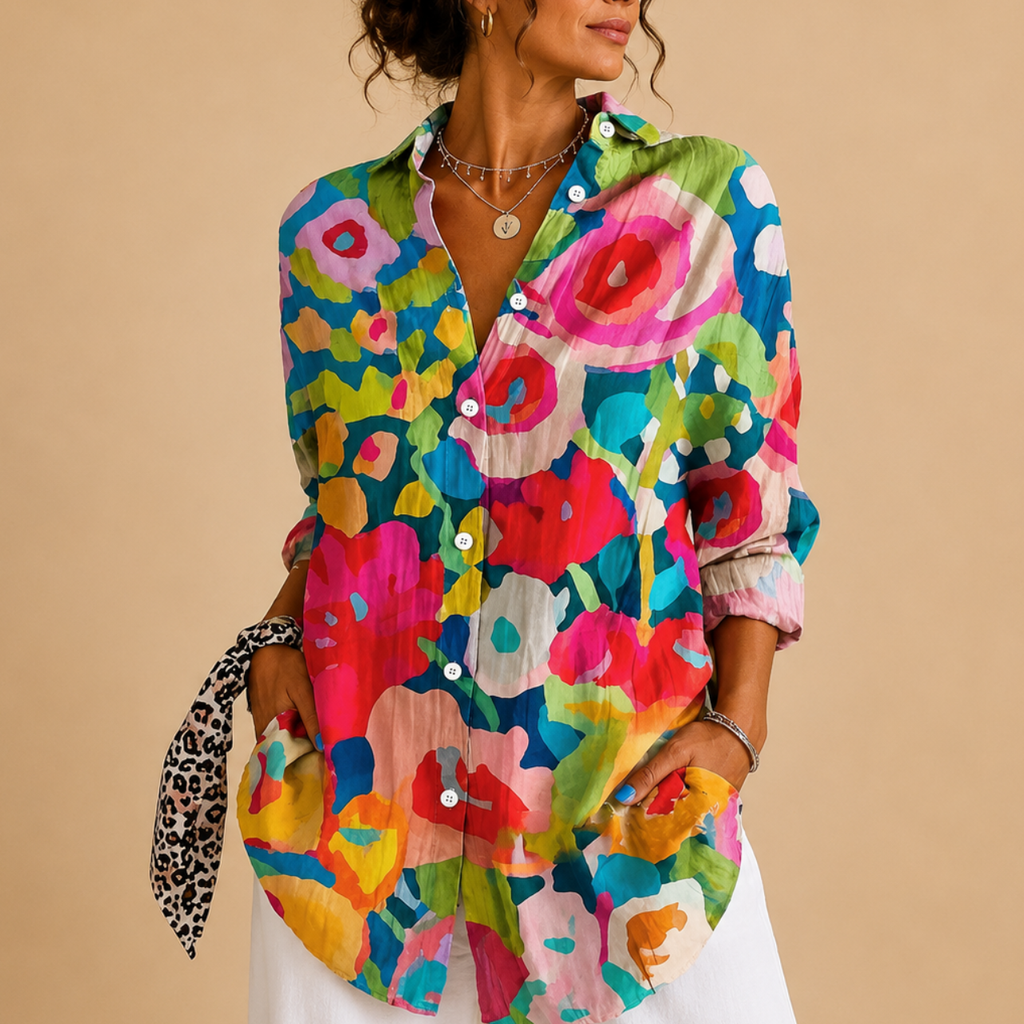 Posy Abstract Print Button Blouse - Pink Multi-Color Back View - Designed by Bella Hudson
