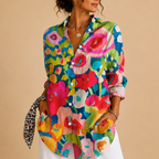 Posy Abstract Print Button Blouse - Pink Multi-Color Back View - Designed by Bella Hudson
