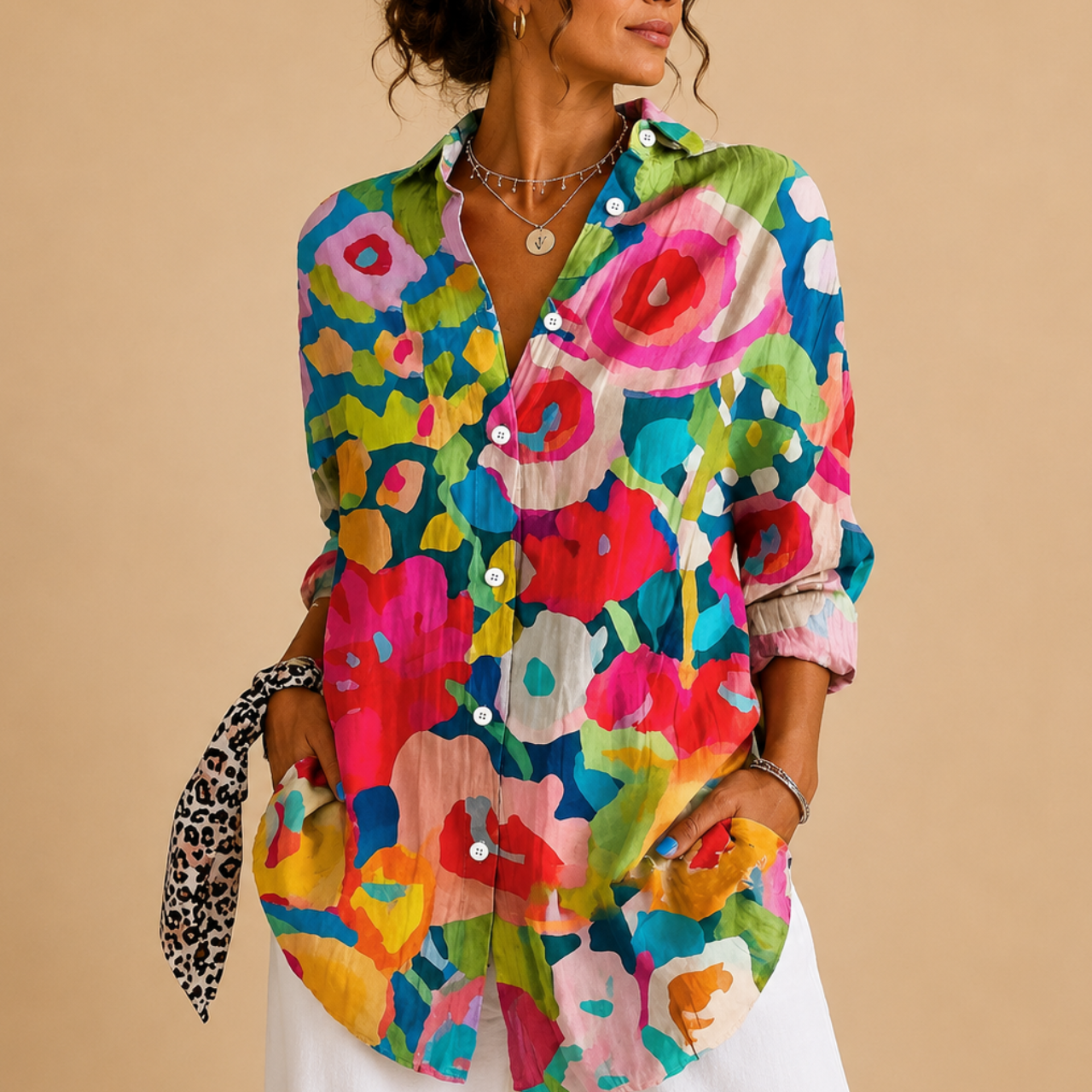 Posy Abstract Print Button Blouse - Pink Multi-Color Back View - Designed by Bella Hudson
