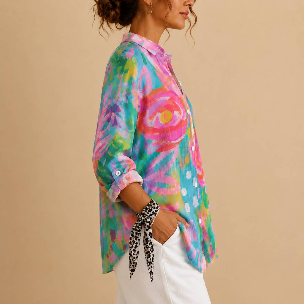 Posy Abstract Print Button Blouse - Pink Side View - Designed by Bella Hudson
