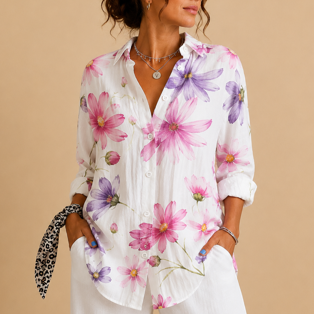 Posy Abstract Print Button Blouse - White Front View - Designed by Bella Hudson
