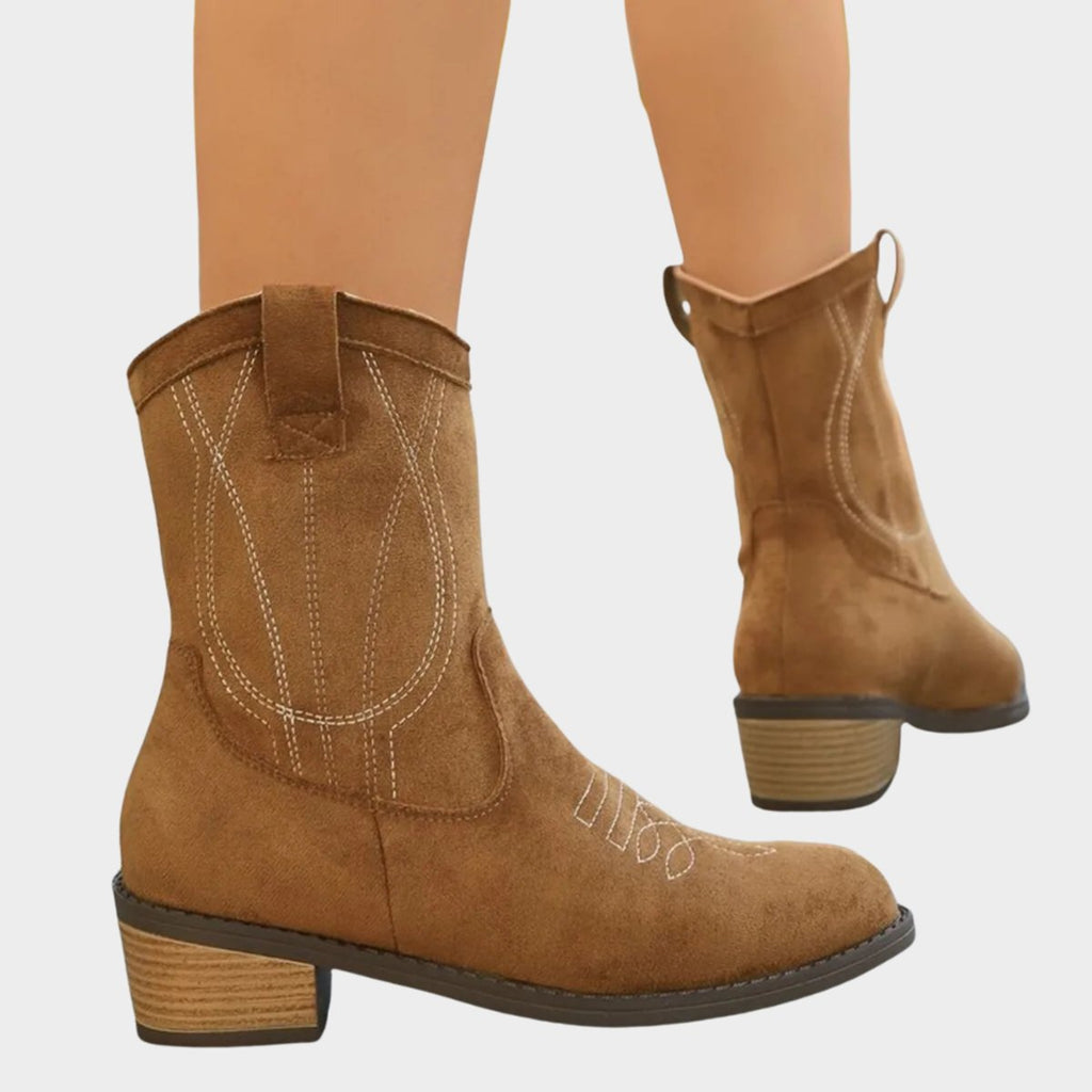 Presley faux suede western embroidered mid-calf boots, back view