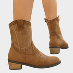 Presley faux suede western embroidered mid-calf boots, back view
