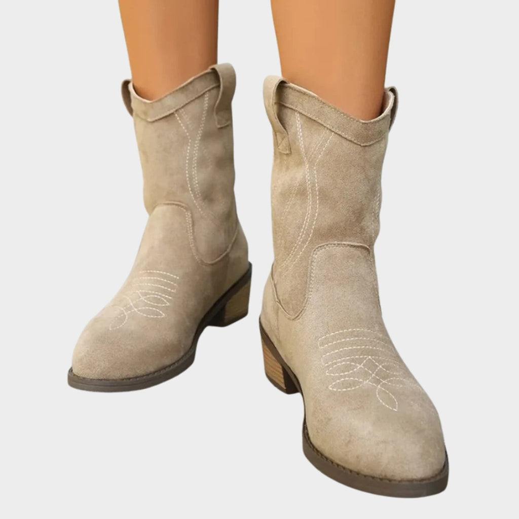 Presley faux suede western embroidered mid-calf boots, detail view