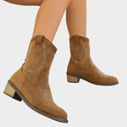 Presley faux suede western embroidered mid-calf boots, Khaki